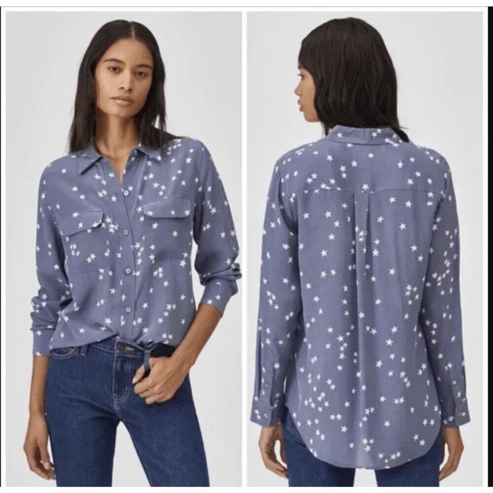 EQUIPMENT Slim Signature Bluestone Star Print Blouse Top 100% Silk Women’s Large
